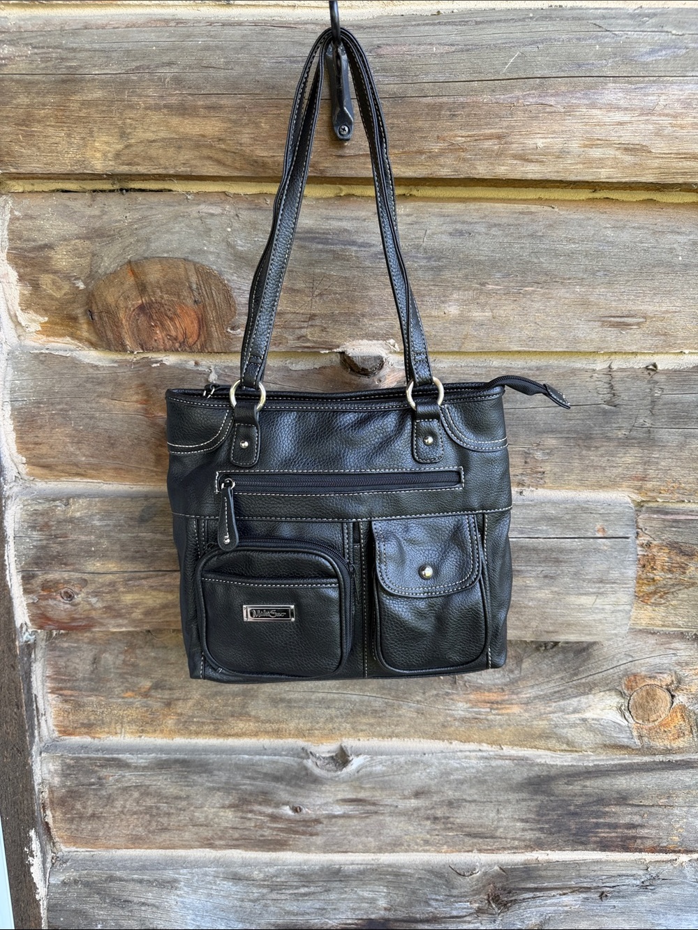 Black Multifunction Shoulder Tote with Front Pockets - Unbranded